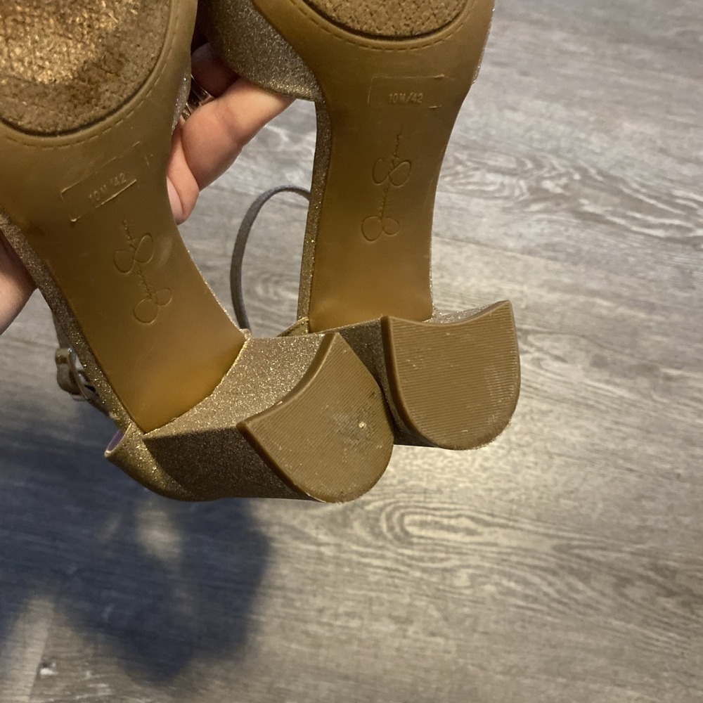 JESSICA SIMPSON "SHERRON" ANKLE STRAP BLOCK HEEL SANDAL GOLD GLITTER FINISH 10M - Picture 12 of 16